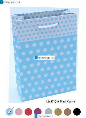 AÇIK MAVİ PUANTİYELİ HEDİYELİK MOZAİK KARTON ÇANTA 12*17*CM 25’Lİ - 2