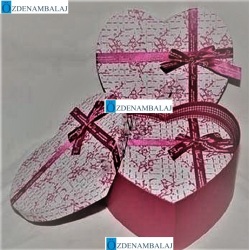 HEDİYE KUTUSU BEYAZ FUŞYA DESENLİ KALP 3'LÜ 31*28*12 CM - 3