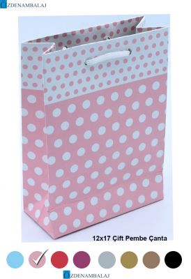 PEMBE PUANTİYELİ HEDİYELİK MOZAİK KARTON ÇANTA 12*17*CM 25’Lİ - 1