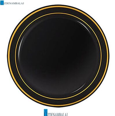 LÜKS PLASTİK TABAK ALTIN YALDIZLI SİYAH 26 CM 6 'LI - 1